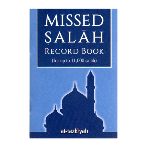 Book titled 'Missed Salah Record Book' with a blue cover and silhouette of a mosque, featuring the brand 'at-tazkiyah'.