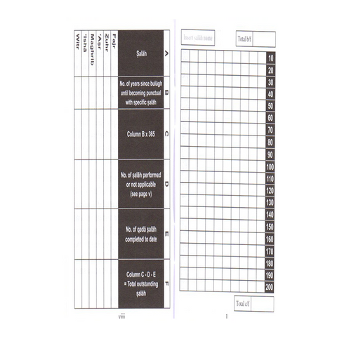 Sheet with grid and text on a white background of book titled 'Missed Salah Record Book'