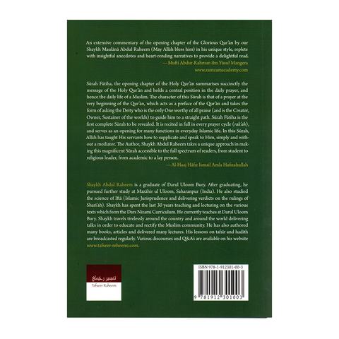 Back cover of a book titled The Tafsir of Surah Fatiha