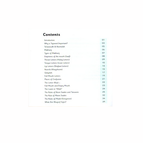 Table of contents for a book called Tajweed Made Easy