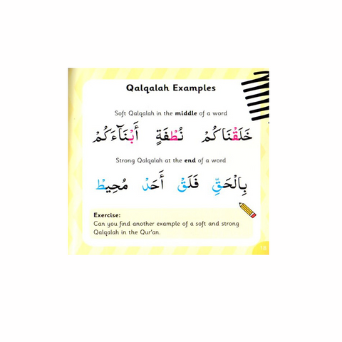 Educational material on Qalqalah examples with Arabic text and illustrations.