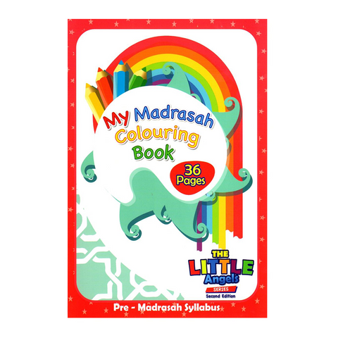 Colorful cover of 'My Madrasah Colouring Book' with rainbow and stationery icons on a white background.