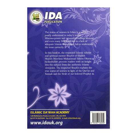 Back cover of a book titled The Status of Women text about IDA Publication and Islamic Da'wah Academy.