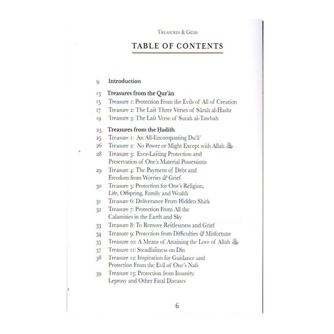 Table of contents page from a book titled Treasures and Gems From the Quran & Hadith