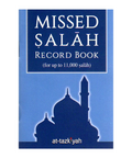 Book titled 'Missed Salah Record Book' with a blue cover and silhouette of a mosque, featuring the brand 'at-tazkiyah'.