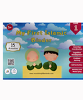 Cover of 'My First Islamic Binder' with cartoon characters and educational text on a blue sky background.