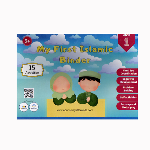 Cover of 'My First Islamic Binder' with cartoon characters and educational text on a blue sky background.