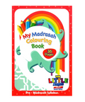 Colorful cover of 'My Madrasah Colouring Book' with rainbow and stationery icons on a white background.